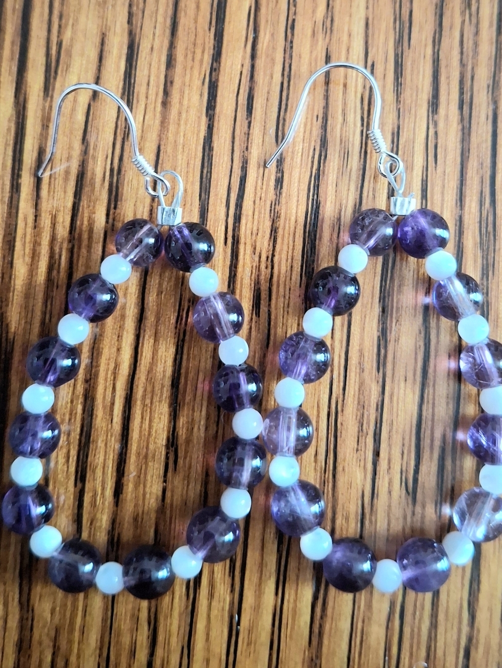 Earrings Amethyst And Mother Of Pearl Beaded Hoops Sterling Silver Handmade